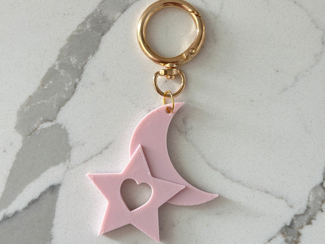 Pink 3D Moon & Star Keychain