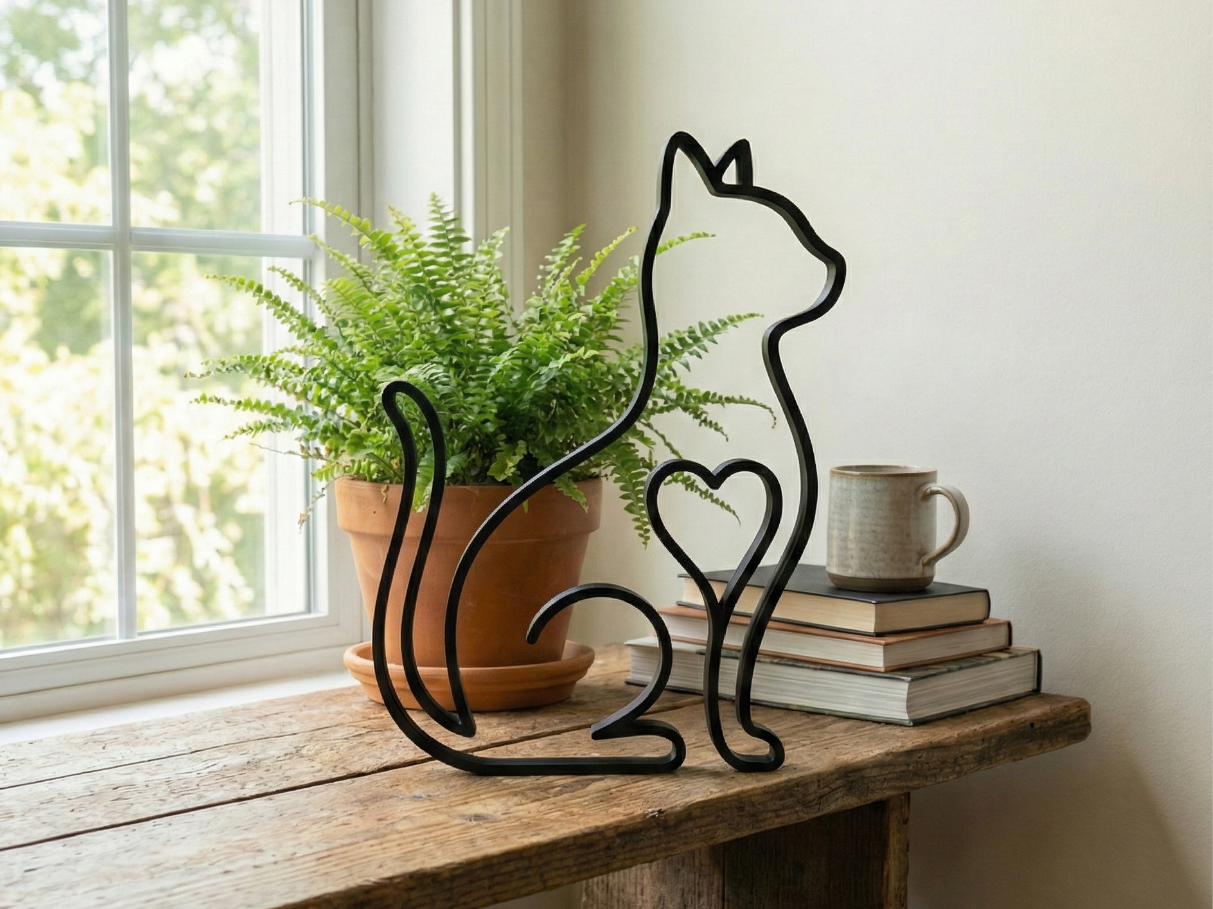 Minimalist Cat Silhouette with Heart - Line Art