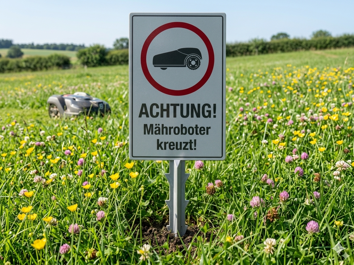 Achtung! Mähroboter kreuzt – Garten Warnschild