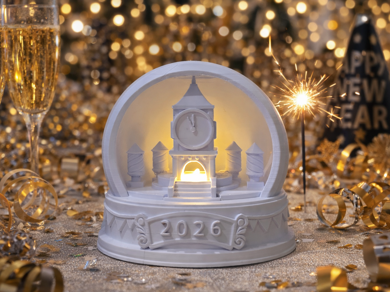 Silvester Schneekugel mit LED Teelicht Slot