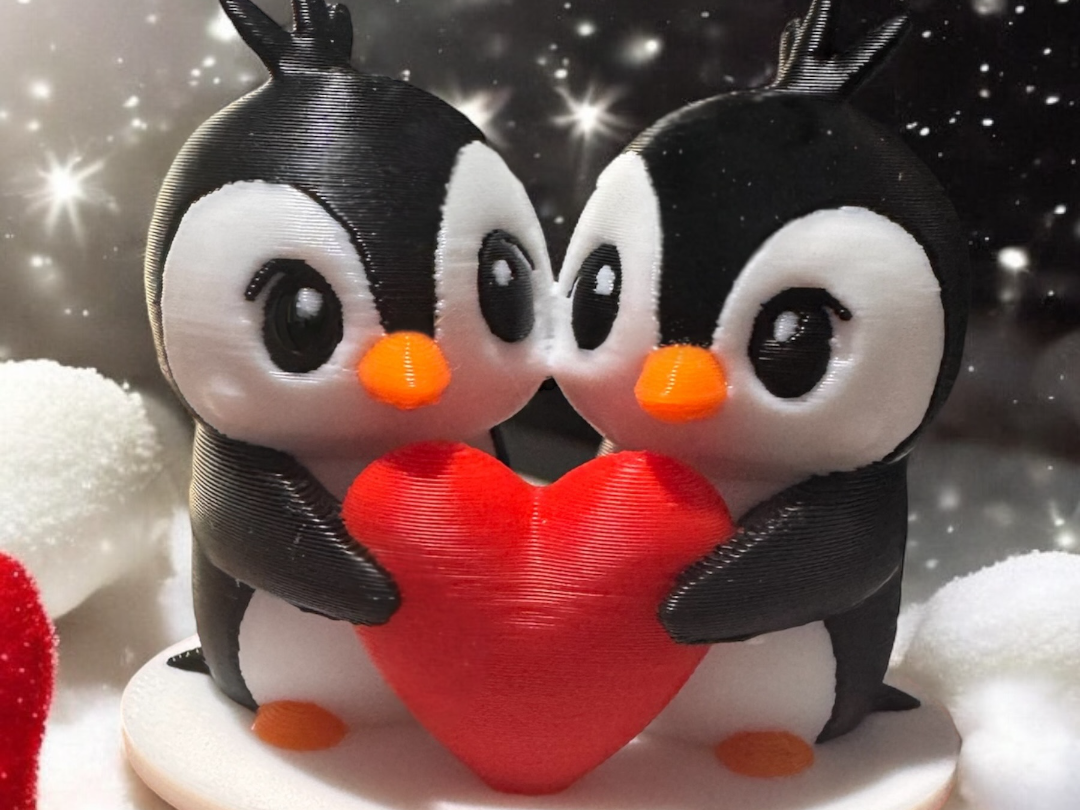 Two Cute penguins holding Valentines heart