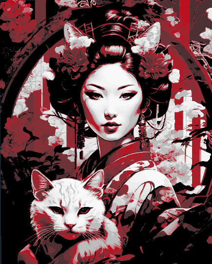 The Beauty of the Orient - Asian Geisha Portrait - Hueforge wall art - Red on black and white