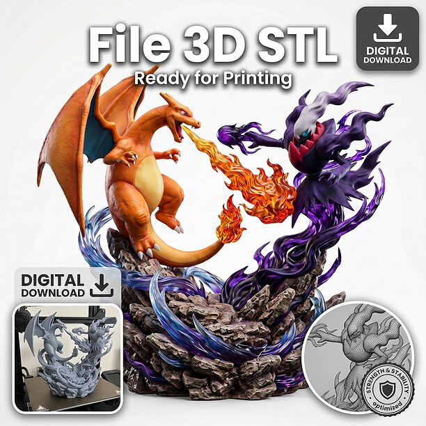 Charizard VS Darkrai Battle Diorama STL File for 3D Printing