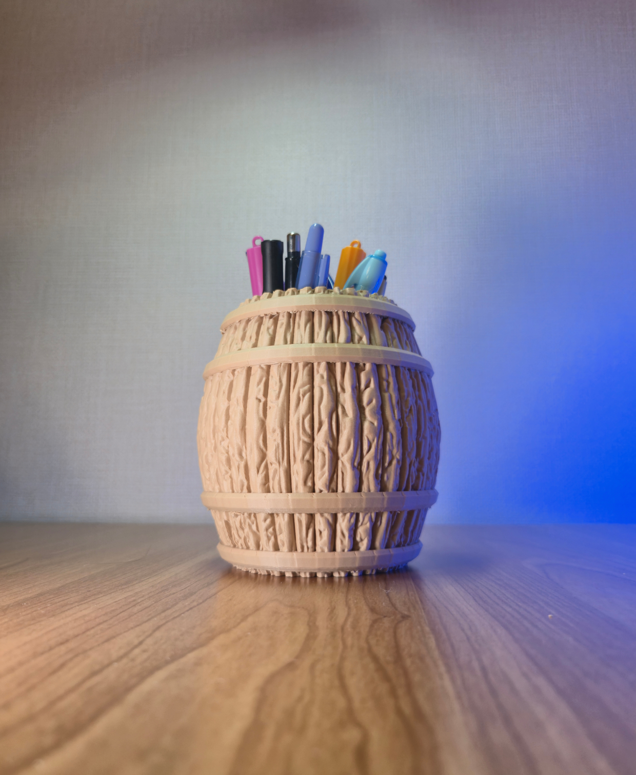 Wooden Barrel Desk Pen Organizer