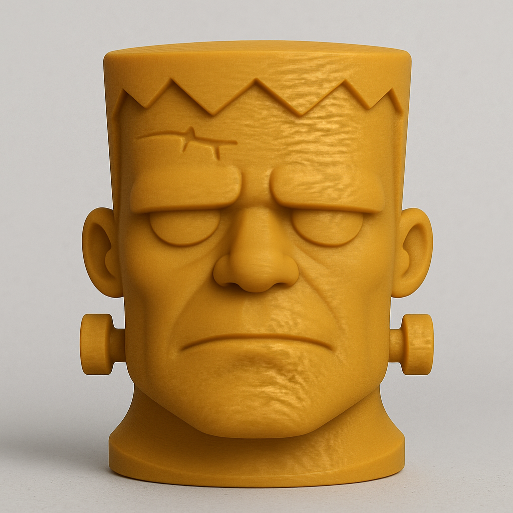 A stylized Frankenstein monster head with flat top, bolts on the side, and simple facial features