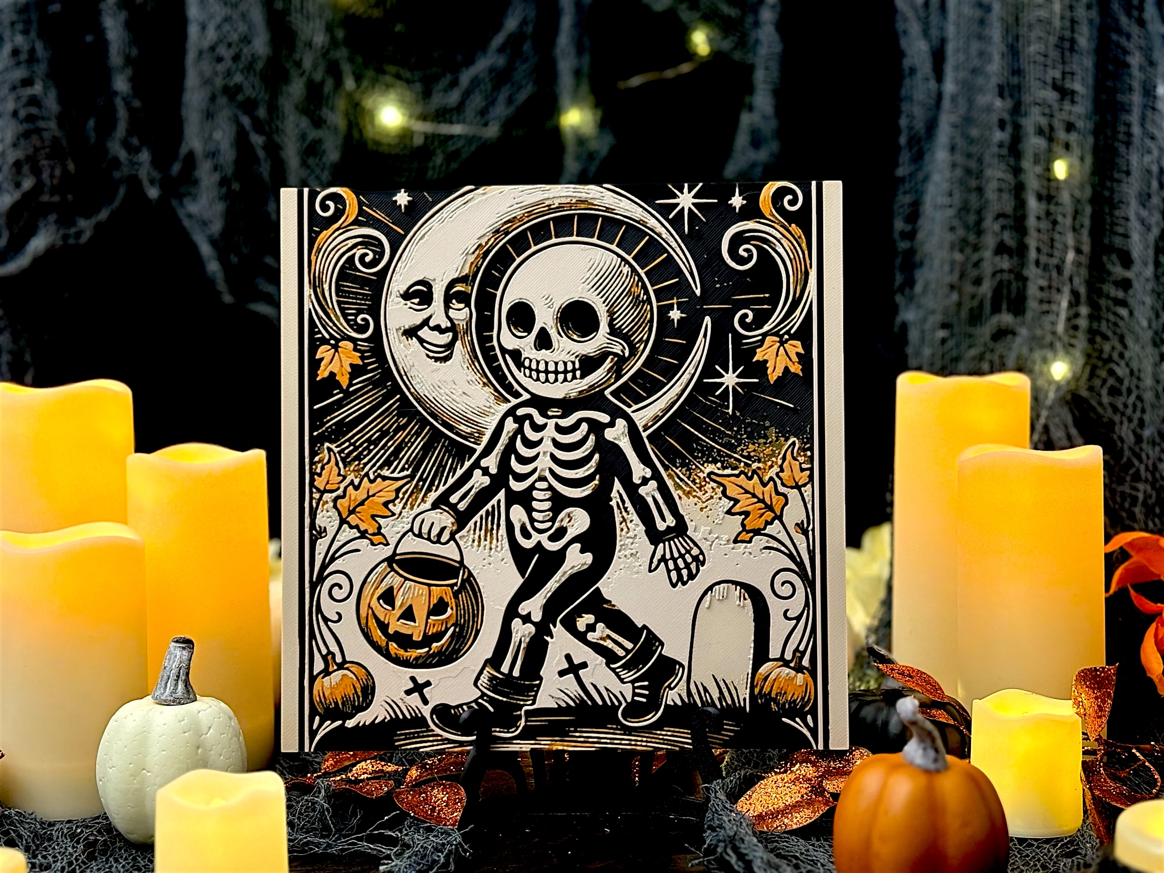 “Graveyard Giggles” – Classic Halloween - Skeleton Boy - Vintage Skeleton Trick-or-Treater Hueforge Art Piece