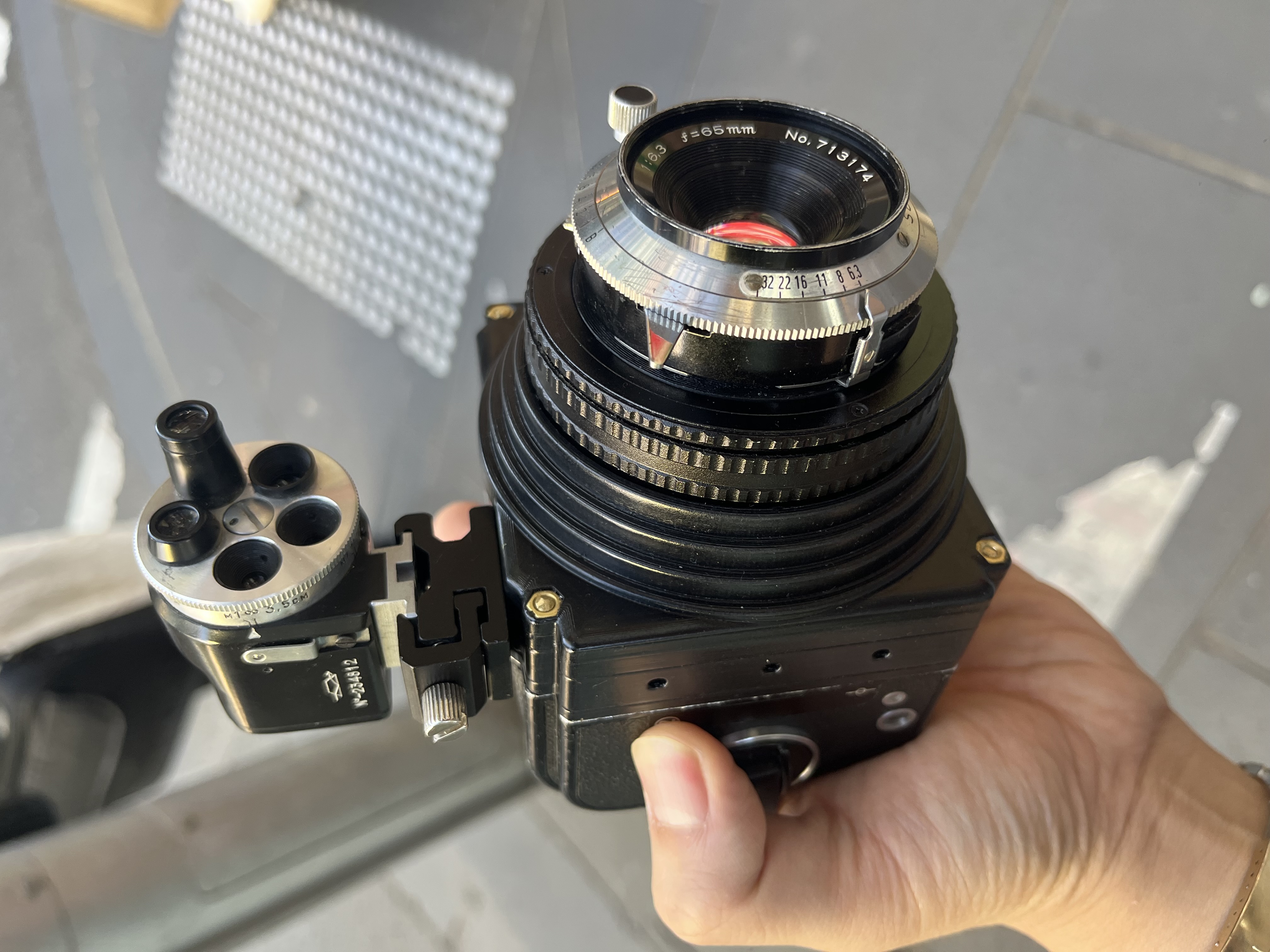 Hasselblad A12 Back Mount, Nons Hasselblad Instax back mount. Mamiya sekor 65mm f/6.3 lens board with M58 to M58 x0.75 17-31mm Helicoid