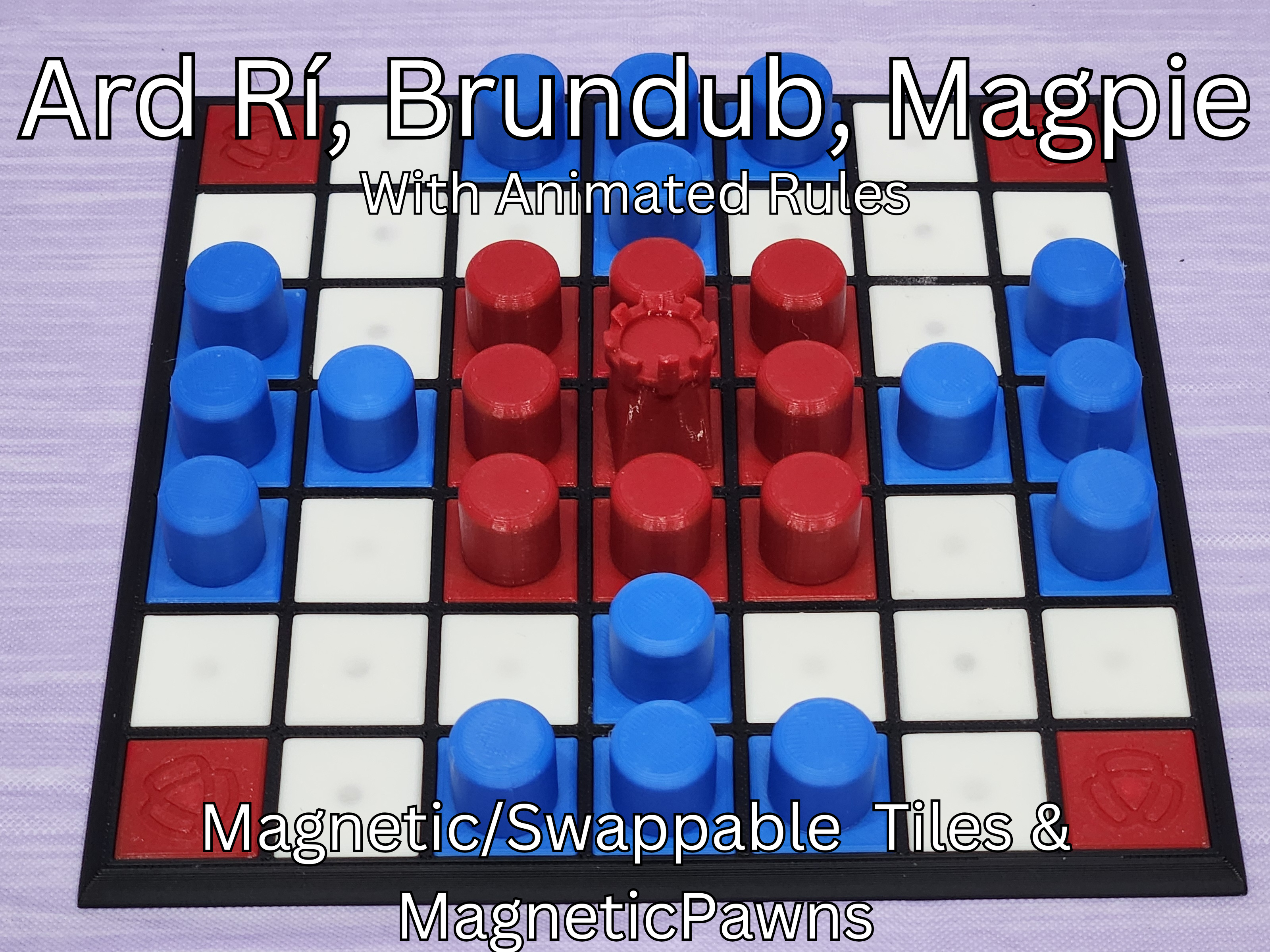 Hnefatafl 7x7 Board W/ Rules - Ard Rí, Brundub, Magpie (Magnetic Tiles & Pawns / Swappable Tiles)