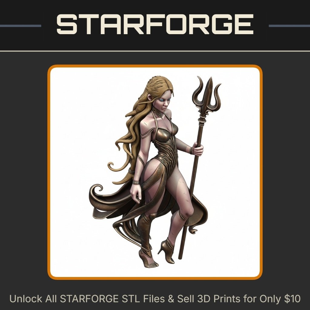 28mm Sorceress Trident Flowing Robes Long Hair Mystical Pose StarForge Kits 3D Print STL File