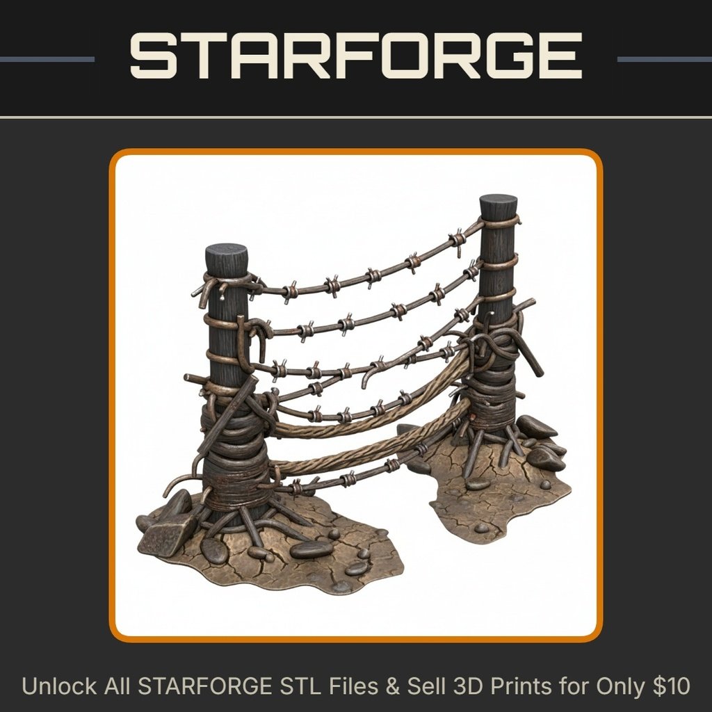 28mm Barbed Wire Fence with Wooden Posts and Ground Details WW2 WW1 Themed Scene Elements StarForge Kits 3D Print STL File