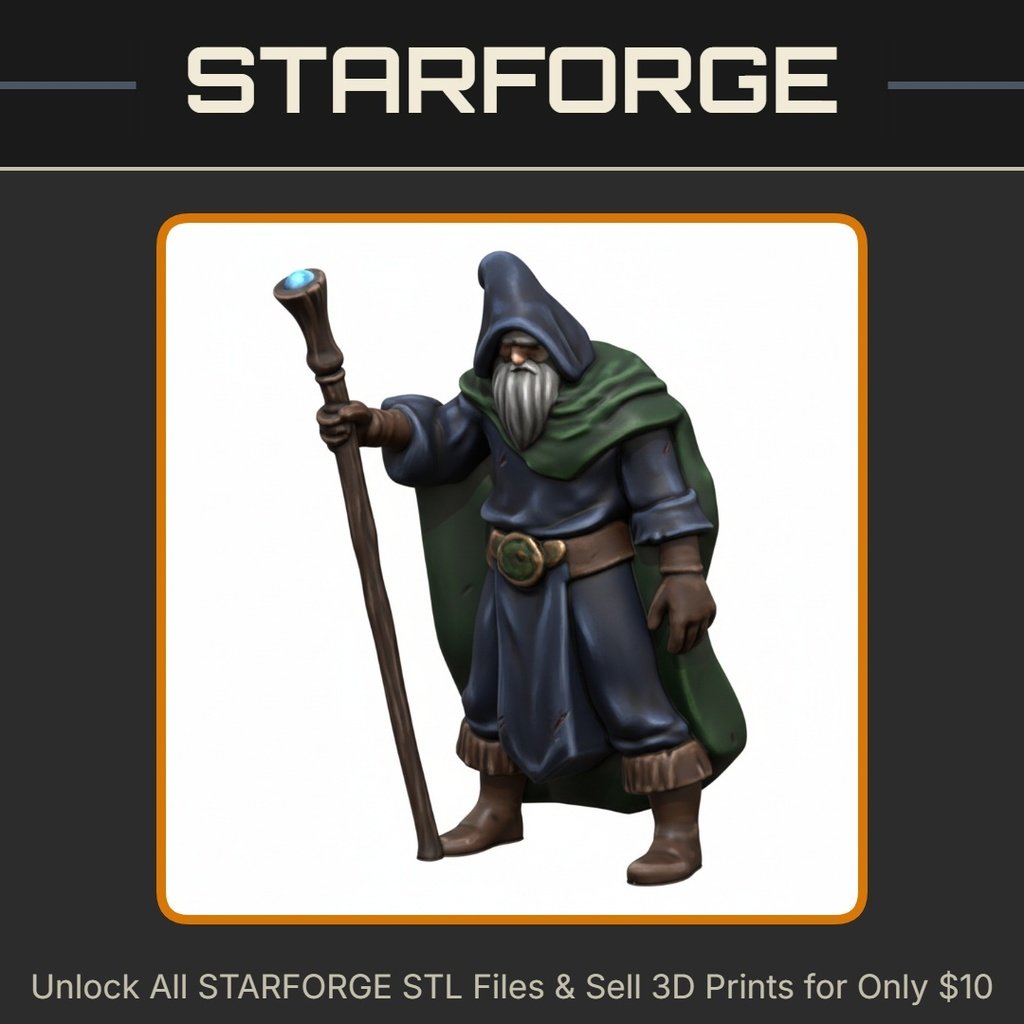 28mm DND Wise Old Spellcaster Mage with Staff Fantasy Miniature StarForge Kits 3D Print STL File