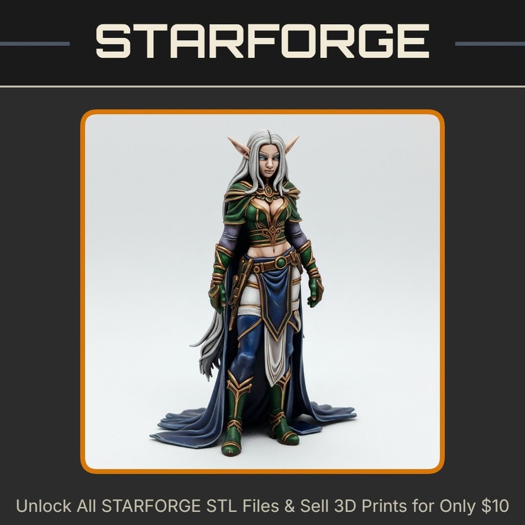 28mm DND Elven Sorceress Flowing Robes Staff Long Hair Pointed Ears StarForge Kits 3D Print STL File