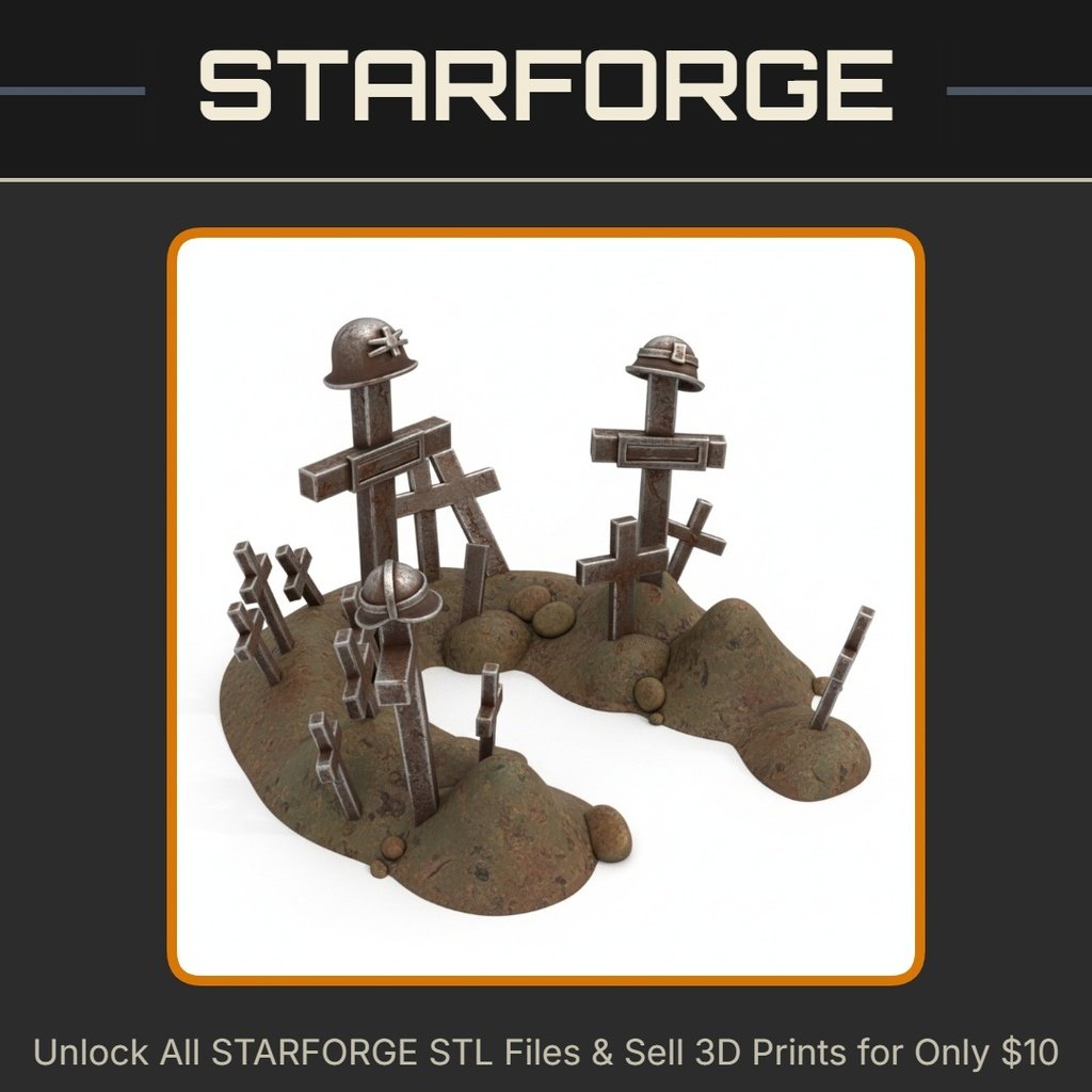 28mm WW2 Battlefield Graveyard Scene with Helmets and Crosses StarForge Kits 3D Print STL File