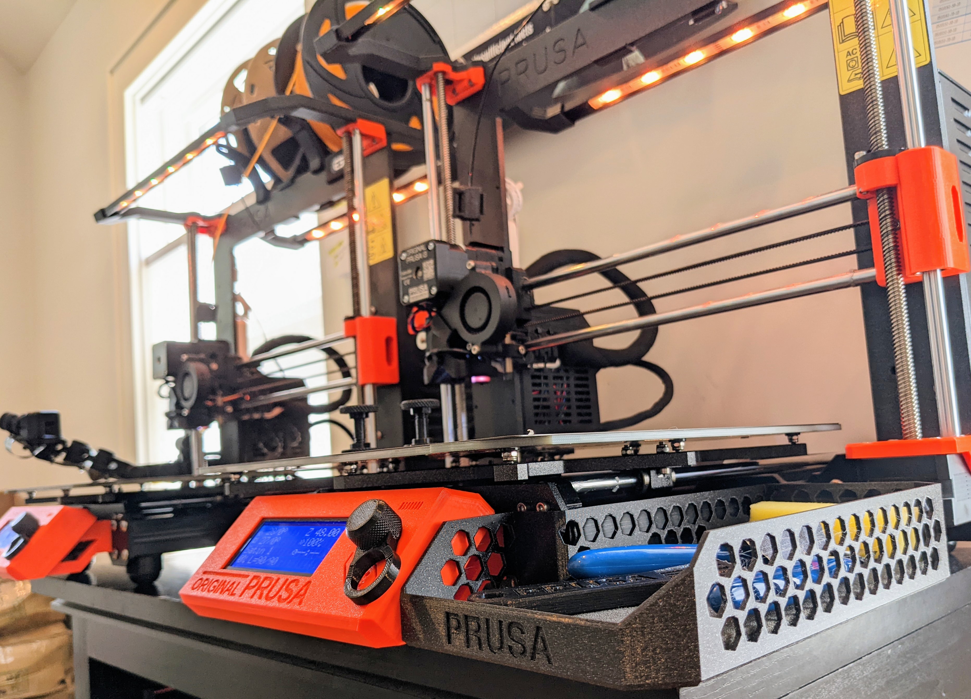 Tool Trays - Prusa MK3S Right & Left Side w/ Honeycomb, PRUSA logo & 45 Degree Matched OEM Front
