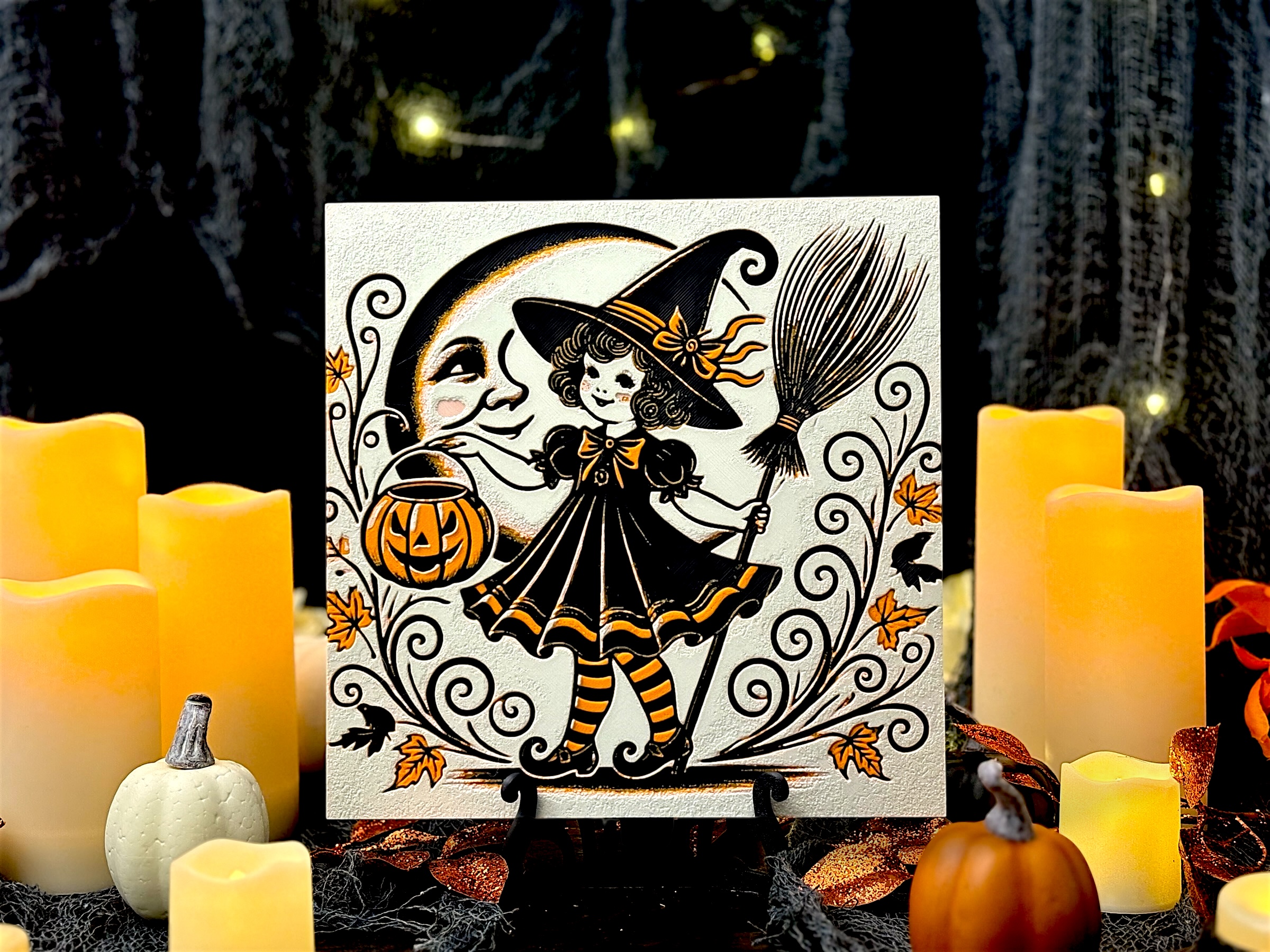 “Moonlit Magic” – Classic Halloween - Witch 1 - Vintage Witch Girl Hueforge Halloween Art Piece
