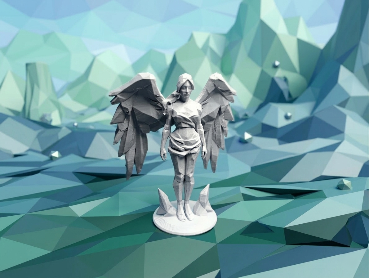 Low Poly Angel Statue - Minimalist Winged Guardian - Geometric Art