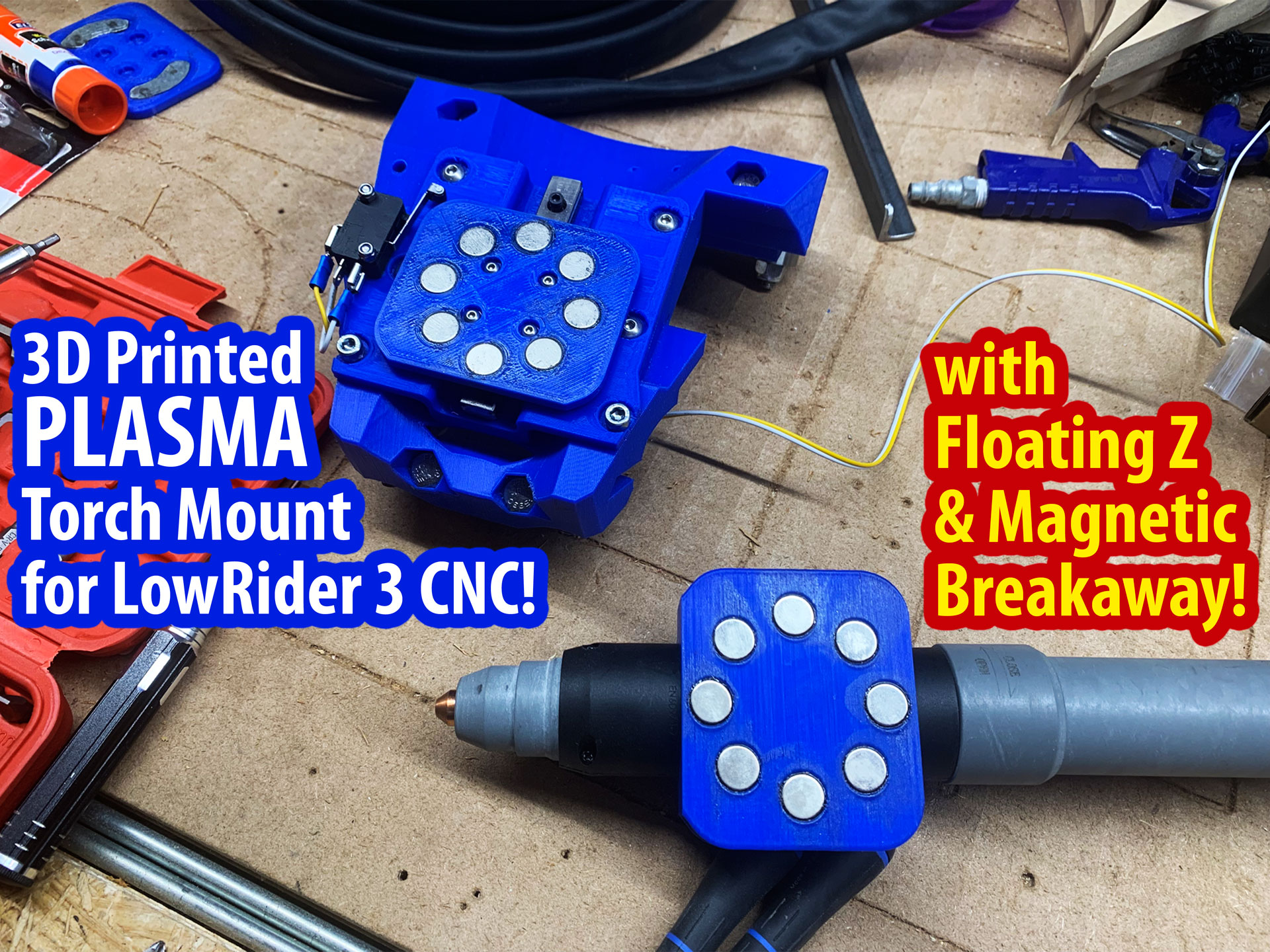 LowRider 3 CNC Plasma Torch Mount with floating Z and magnetic breakaway, prints without supports (v1.2)