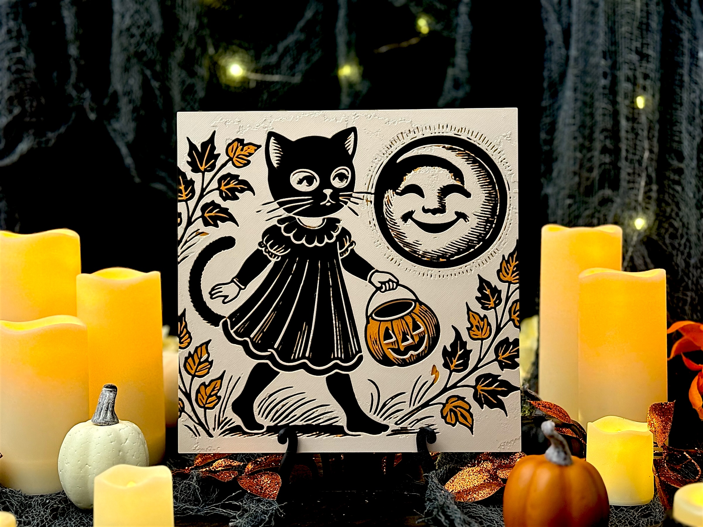 “Trick-or-Treat Whiskers” – Classic Halloween Cat - Vintage Cat Girl Hueforge Panel