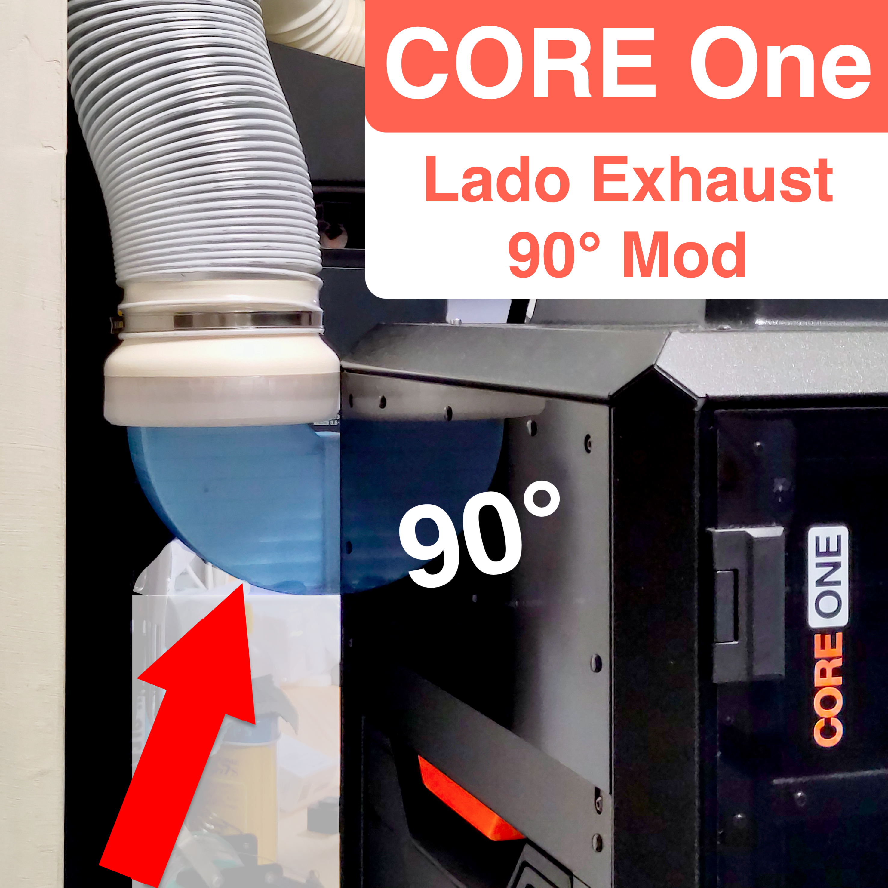 Lado Exhaust Duct - 90° Adapter Mod, Core One Low Profile Side UP / DOWN Exhaust Duct, 90 degree, 100mm 10cm 4inch Hose elbow fitting