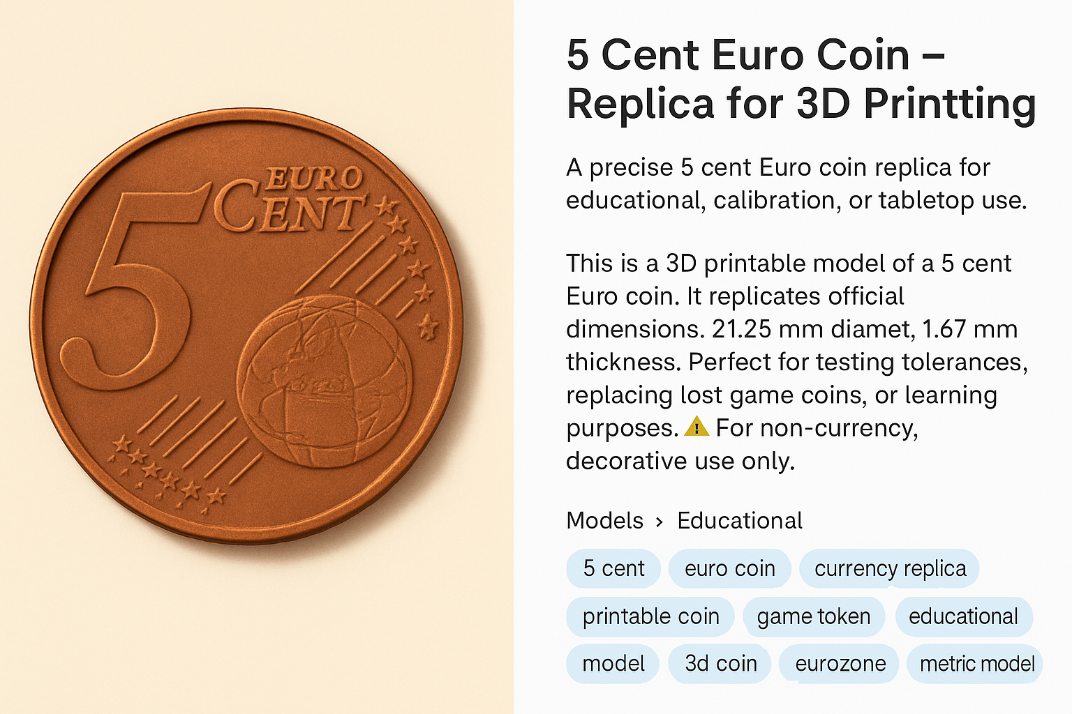 5 Cent Euro Coin – 3D Printable Model