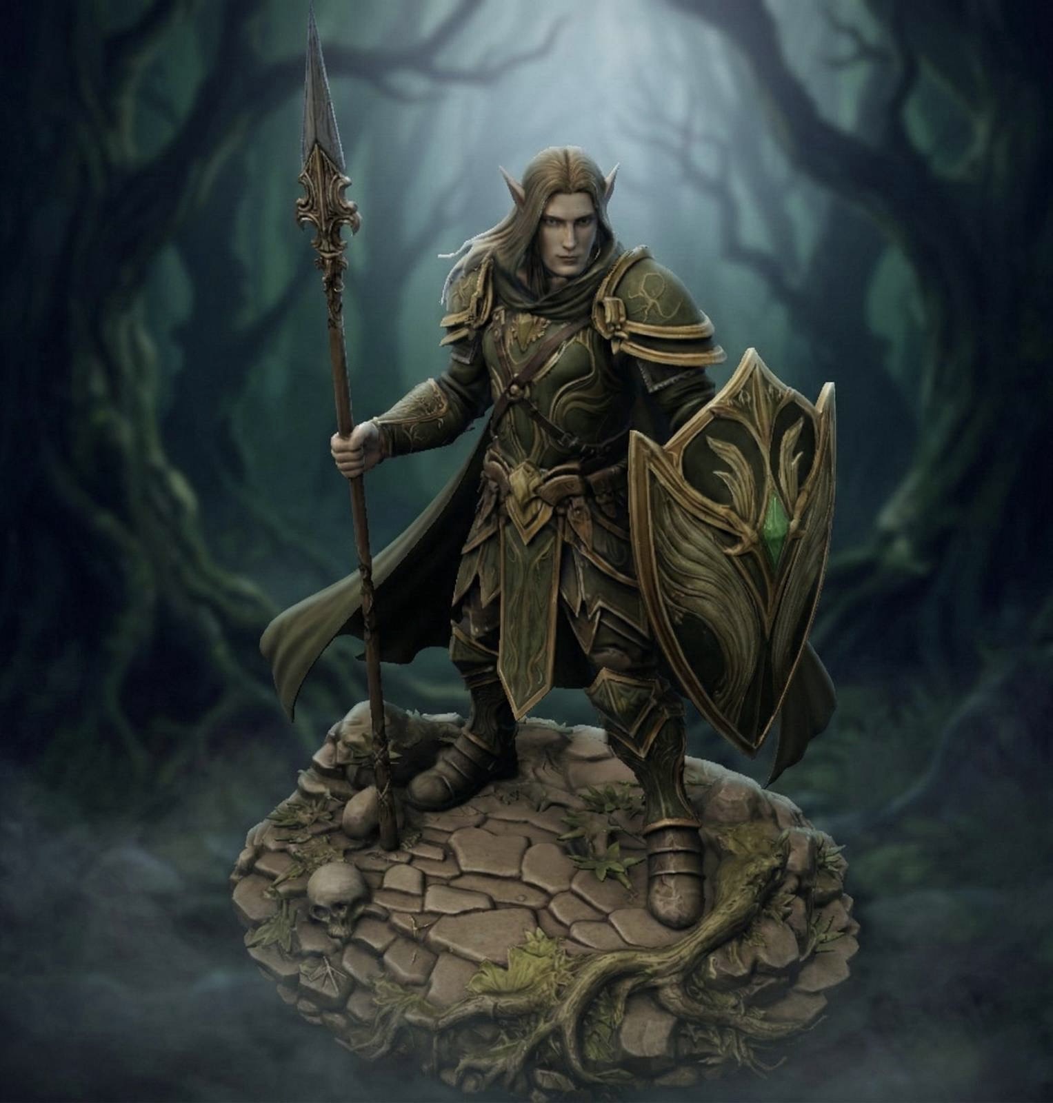 Bloodbound Realms – Elf – Spear Warden Sentinel of the Veiled Grove (Dark Fantasy 3D Printable Miniature STL)
