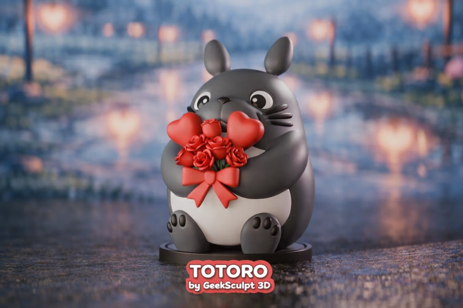 Totoro Valentine's Day Figurine with Heart Bouquet