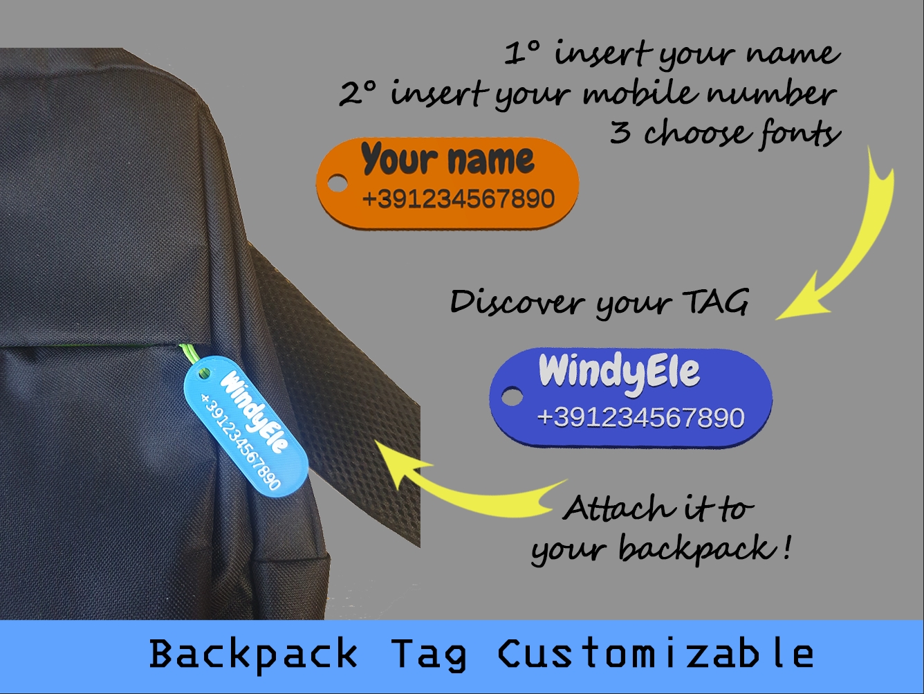 Backpack tag customizable (openscad)