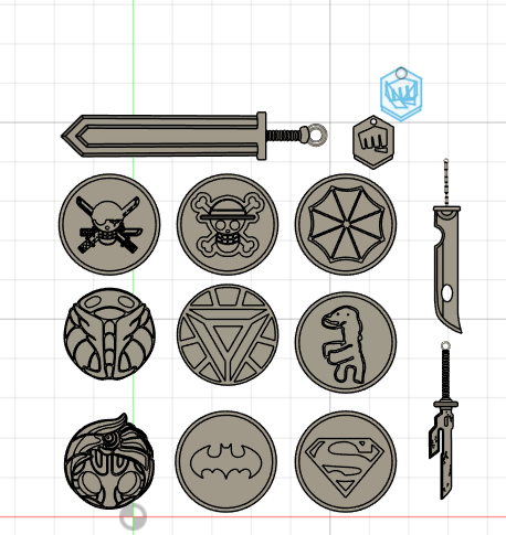 bunch of fridge magnets and 3 swords key chains