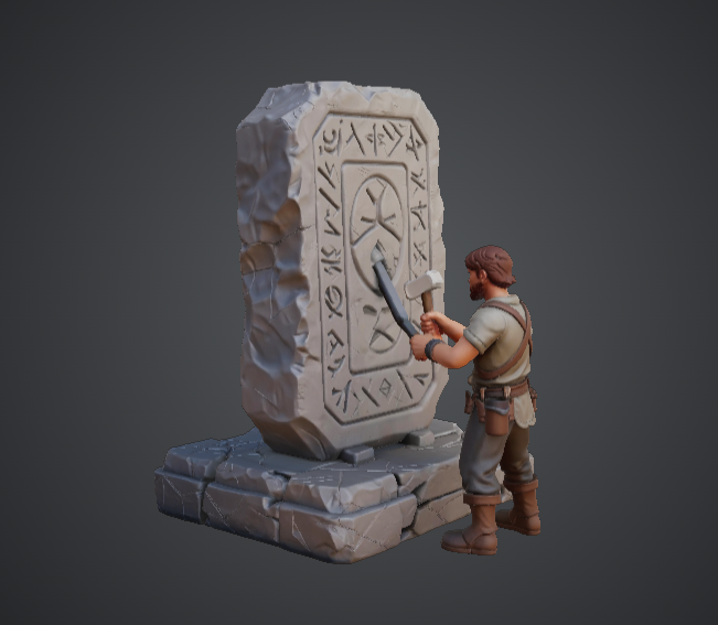 Runestone Carver Scene – Dwarf Craftsman Engraving Stone